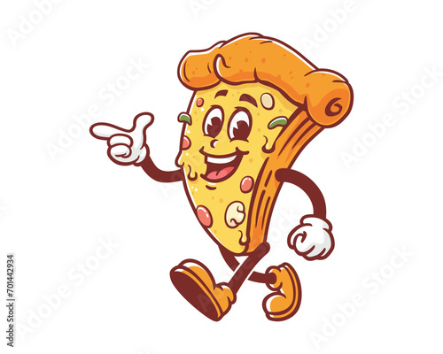 walking Pizza with pointing hand cartoon mascot illustration character vector clip art hand drawn