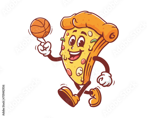 Pizza playing basketball cartoon mascot illustration character vector clip art hand drawn