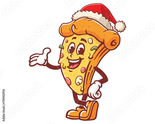 Pizza with a Christmas hat cartoon mascot illustration character vector clip art hand drawn