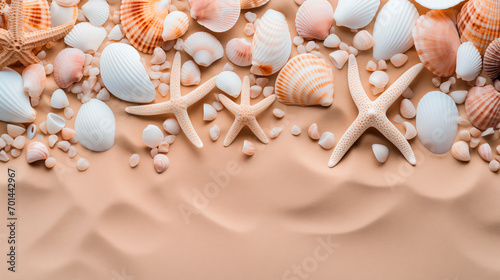 Vista superior de una playa de arena fina con una colección de conchas marinas blancas y beige y estrellas de mar como fondo para el diseño de viajes de verano