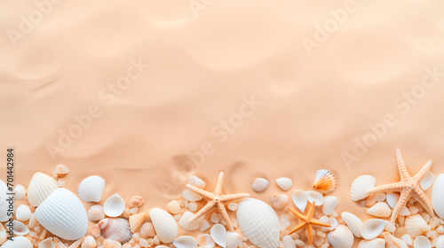 Vista superior de una playa de arena fina con una colección de conchas marinas blancas y beige y estrellas de mar como fondo para el diseño de viajes de verano