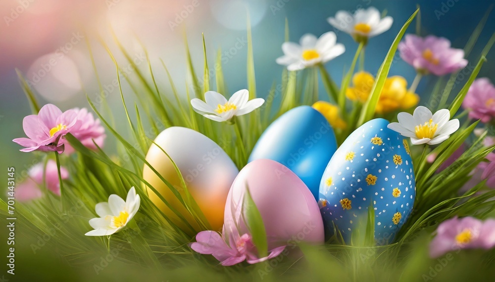 Happy Easter composition with vibrant decorated eggs, spring flowers, natural background.