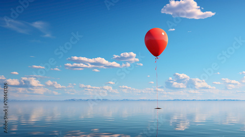 A solitary crimson balloon floating in a clear cobalt sky.