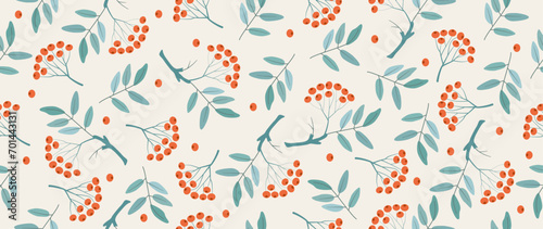 Vector flat background. Modern seamless winter pattern. Branches and bunches of viburnum on a light background. Perfect for template, textile design, poster, card, screen saver and home design.