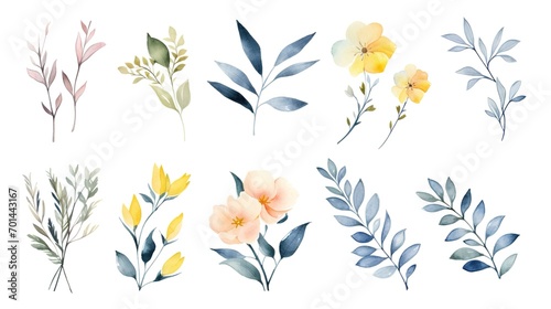 watercolor floral bouquet illustration set - blush pink blue yellow flower green leaf leaves branches bouquets collection. Wedding stationary, greetings, wallpapers, fashion, background. Generative Ai