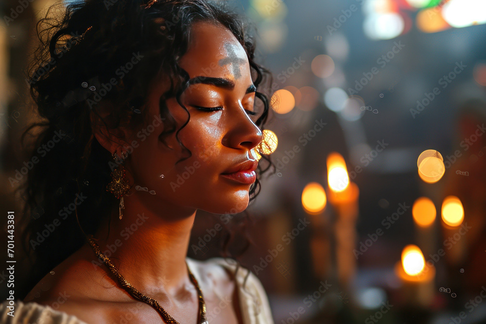 Girl with cross made from ash on forehead. Ash wednesday concept - obrazy, fototapety, plakaty 