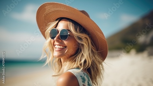 Stylish Casual Woman Enjoying Sun At Beach. Generative AI