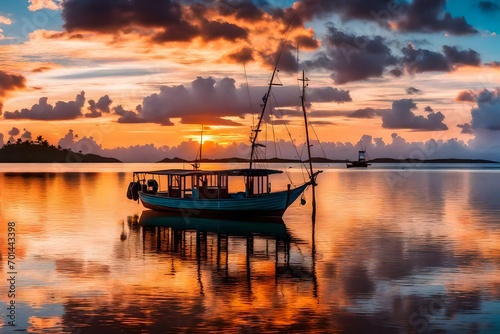 Fishing boat at sunset time. Le Morn Brabant on background. Mauritius. Panorama landscape 