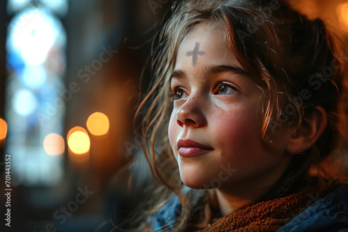 Girl with cross made from ash on forehead. Ash wednesday concept photo