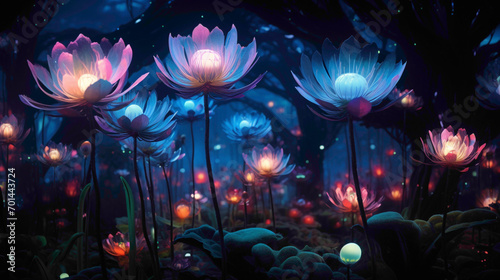 A surreal garden of crystalline flowers, each petal radiating a different neon color, against a velvety night sky.