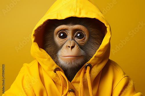 monkey wearing a yellow cape on a bright yellow background photo