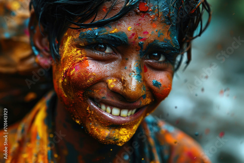 Portrait of a boy with his face covered in Holi colors. Holi festival concept