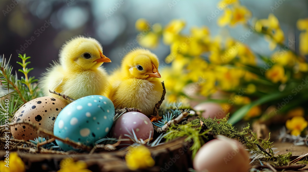 yellow easter chicks with easter eggs and blooming flowers