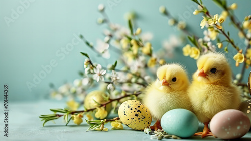 yellow easter chicks with easter eggs and some flowers in bloom photo