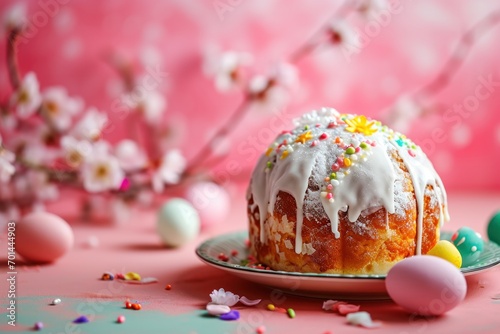 Easter kulich vibrant and richly colored, beautifully decorated and placed against a contrasting pink background with vivid spring flowers, with copy space. This composition creates a celebrate mood photo