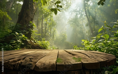 Visualize a natural wood podium board platform positioned in the heart of an forest landscape, stand mockup