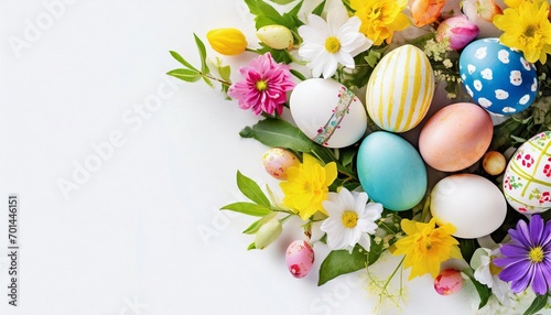 Flat lay Easter composition with vibrant decorated eggs. Top view.