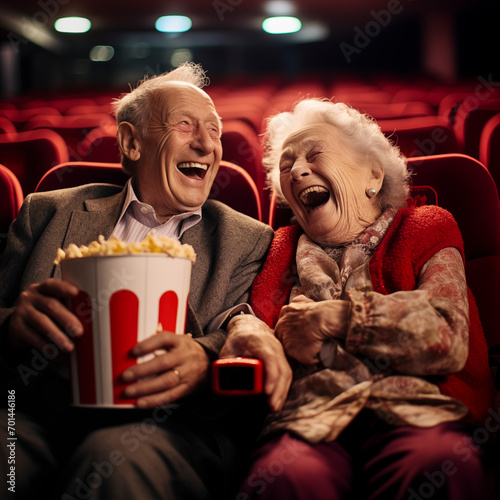 Laughing elderly couple, a man and a woman watching movie in the cinema, a comedy show or a movie and eating a snack of popcorn, sitting in comfortable red armchairs, a mature family,  photo