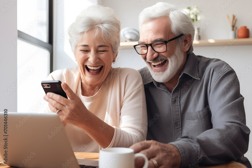 Portrait of a happy old senior couple with a laptop having a video call chat. Retirement senior couple old age lifestyle, communicating by connecting technology people. Portrait of a happy old senior couple with a laptop having a video call chat. Retirement senior couple old age lifestyle, communicating by connecting technology people.