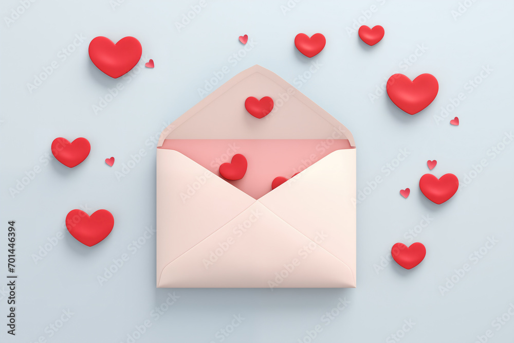 Illustration. Romantischer Briefumschlag mit roten Herzen auf pastellblauem Hintergrund