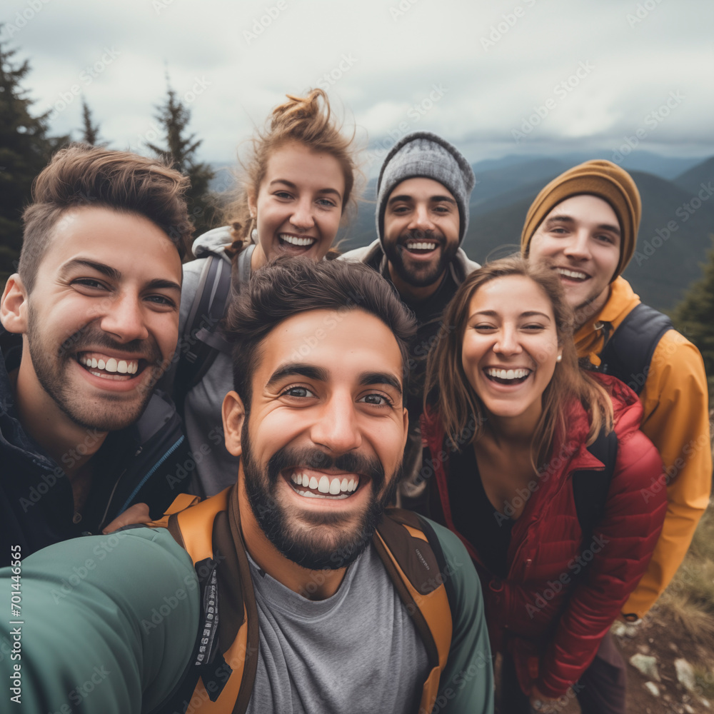 Obraz premium Cheerful friends taking selfies during a vacation. Group of men and women outdoors on a summer day making self portrait.