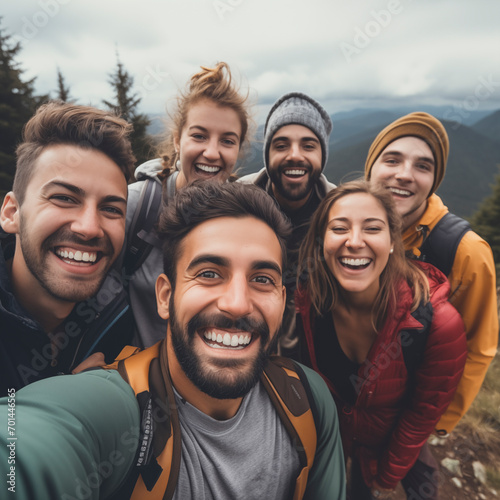 Cheerful friends taking selfies during a vacation. Group of men and women outdoors on a summer day making self portrait.