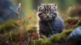 Manul cat in the wild, illustration, beautiful natural nature. Portrait of Manal. Wild cats.
