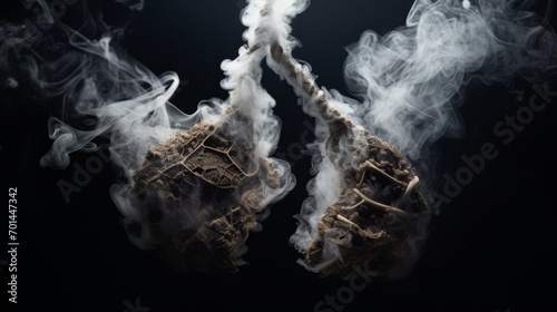 Burnt human lungs from smoking with smoke coming out of them on a black background. The concept of harm from smoking cigarettes.