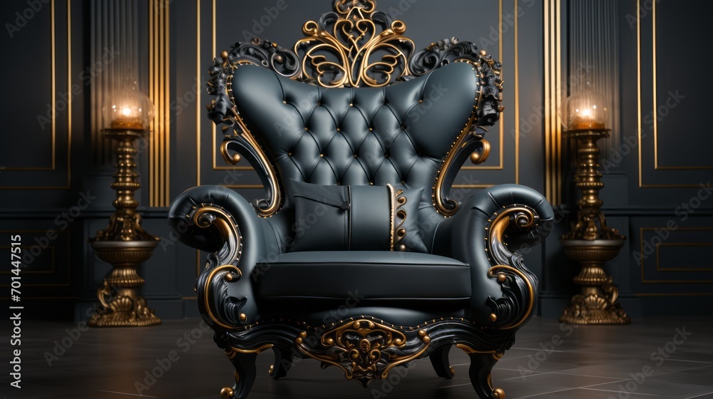 Luxury Black Leather Armchair with Gold Ornaments Luxury Black Leather Armchair with Gold Ornaments