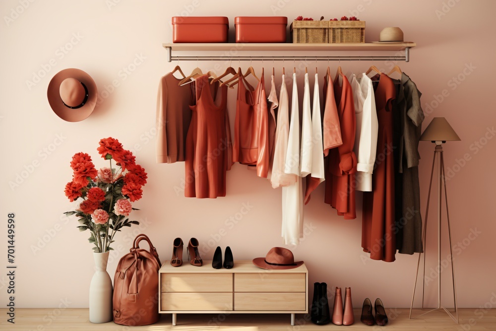 A premium wardrobe, or wall hanger for clothes and outfits in a luxurious home or store