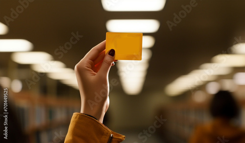 Female hand holding a yellow card in the corridor of the university.