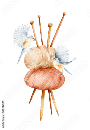 Threads for knitting with knitting needles and blue tits. Watercolor knitting logo
