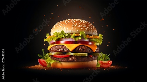 Delicious burger with pickles cheese boasting a medley of soaring ingredients and spices served hot and ready to savor. Commercial advertisement menu banner with copyspace area photo