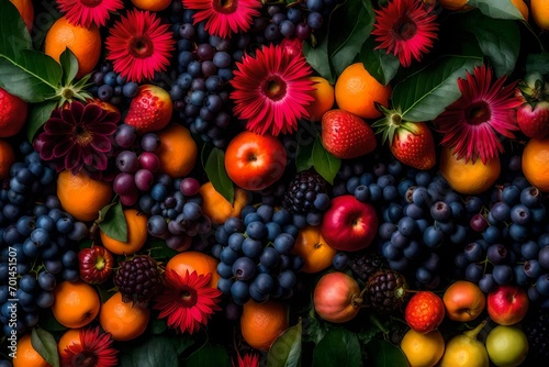 "Identify the assortment of fruits and flowers in the garden."