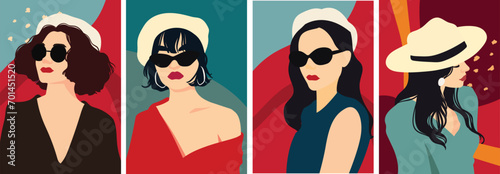 Abstract female poster. Contemporary woman silhouette portrait with leaves, flowers, geometric organic shapes. Modern minimal print set. International beautiful girls with accessories