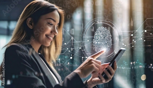 woman accessing her personal financial information on her phone using her fingerprint identification, Generative ai photo