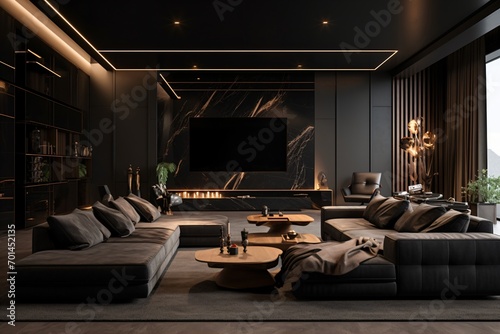 A dark and black theme interior design of a living room