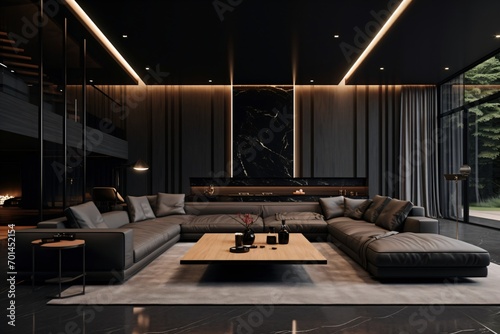 A dark and black theme interior design of a living room