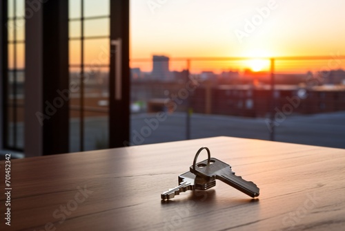 Home keys of a newly constructed vacant home on a table photo