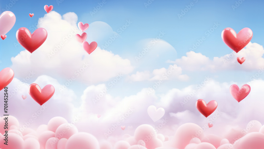 Abstract background with hearts, clouds and blue sky. Love is in air. Celebration of Valentine's Day