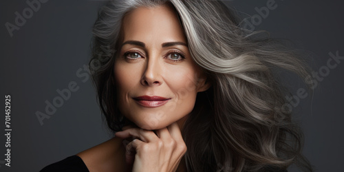 woman with gray hair, Caucasian female long wavy hair beauty salon portrait, concept of healthy hair, natural hair, hair care photo