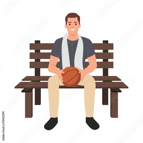 Mature heavyset basketball player sitting on bench with towel around his neck. Flat vector illustration isolated on white background