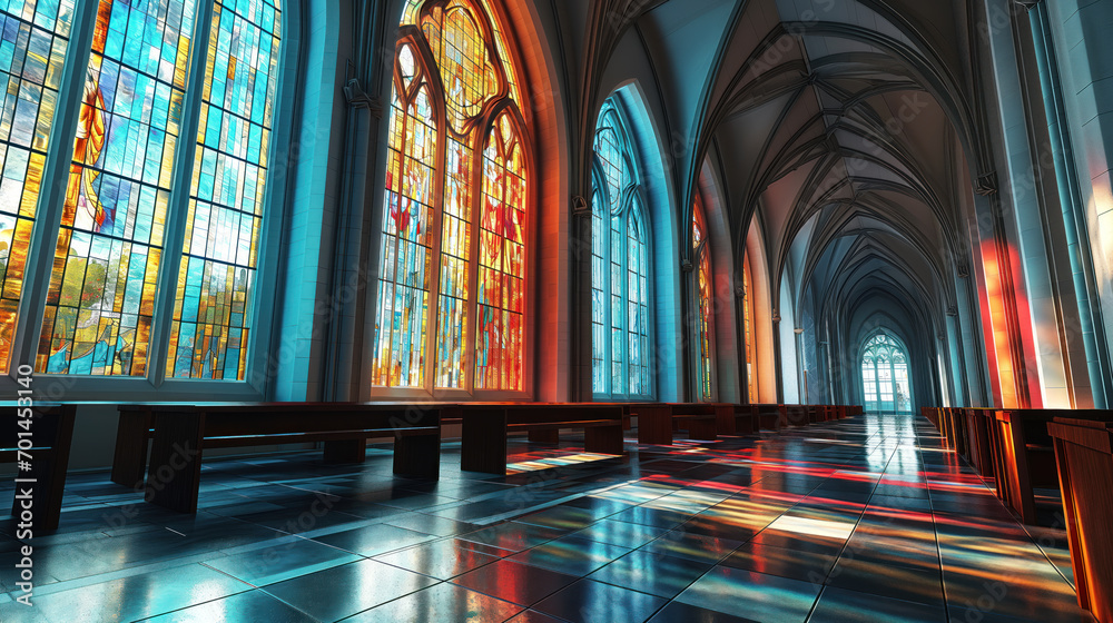 Interior of the Altar in an ultra-modern Catholic cathedral against the background of holographic stained glass windows