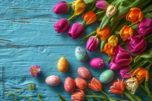 Colorful tulips and Easter eggs on a blue wooden board.