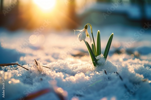 The first snowdrop blooms on the field among the last traces of snow at the golden hour. Generative AI photo