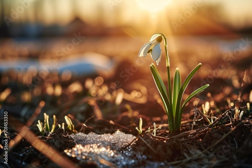 The first snowdrop blooms on the field among the last traces of snow at the golden hour. Generative AI © Nailya