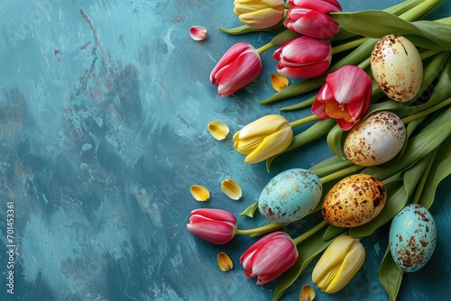 Colorful tulips and Easter eggs on a blue background.
