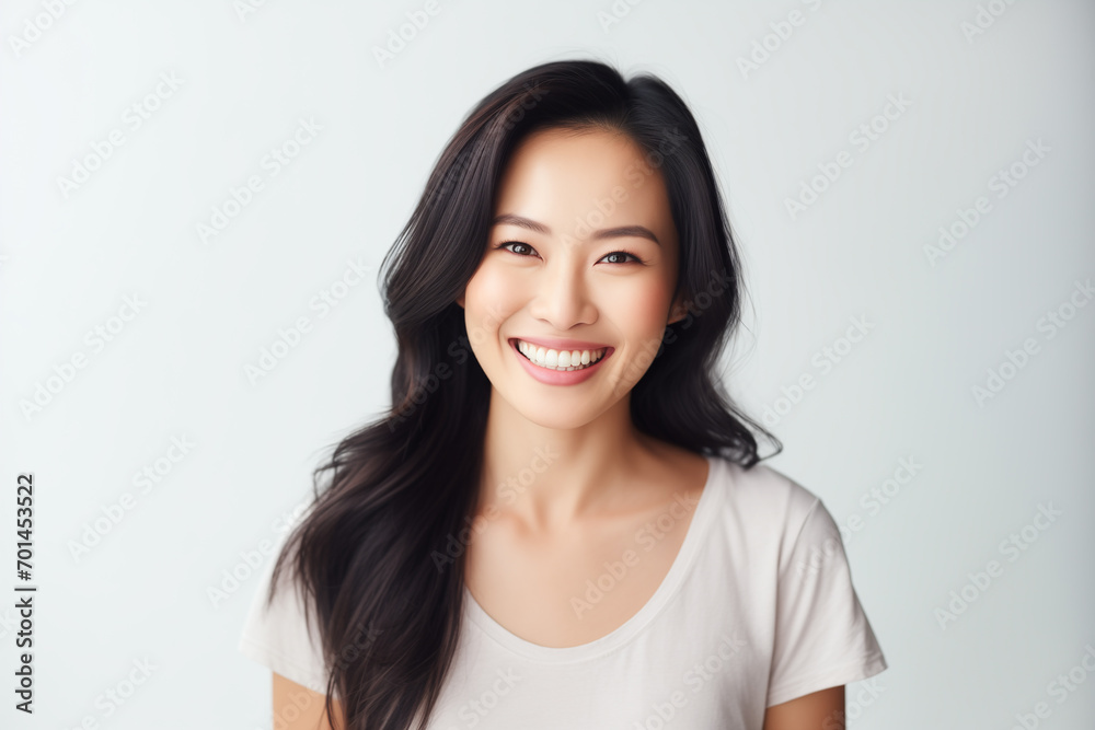A photo portrait of a beautiful asian woman over 30 years old, smiling with clean teeth, perfect teeth. To advertise dentistry. Highlighted on a white background, copy space A photo portrait of a beautiful asian woman over 30 years old, smiling with clean teeth, perfect teeth. To advertise dentistry. Highlighted on a white background, copy space