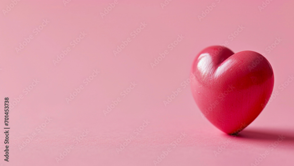 Two red hearts on pink background. Two heart-shaped object is located to the side, there is space for text.