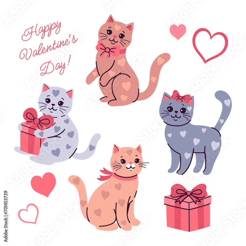 Set of cute valentine s day cats with heart-shaped spots. Vector graphics.